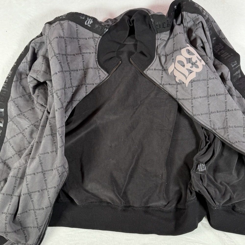 Rock Revival Full Zip Track Jacket Gray Black Logo Y2K Goth Size Large - Picture 9 of 12